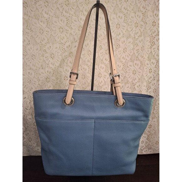 EUC Michael Kors Light Blue Leather Medium Top Zip Pocket Tote - Picture 2 of 6